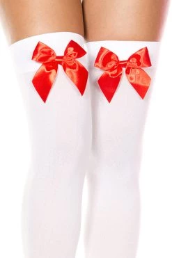 Music Legs White Thigh High Stockings With Red Bows Hosiery