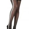 Music Legs Black Thigh Hi Stockings With Vertical White Stripes Hosiery