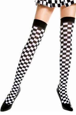 Music Legs Checker Print Thigh High Stockings