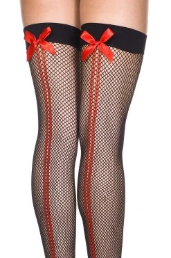 Music Legs Double Backseam Spandex Fishnet Thigh Highs With Bows