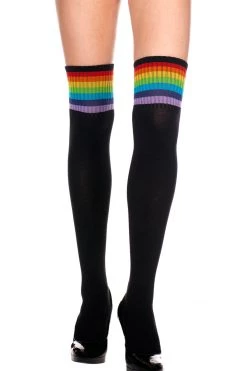 Music Legs Rainbow Clothing Black Thigh High Sock Stockings W/ Rainbow Stripes