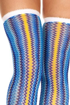 Music Legs Hosiery Blue & Yellow Zigzag Thigh High Sock Stockings