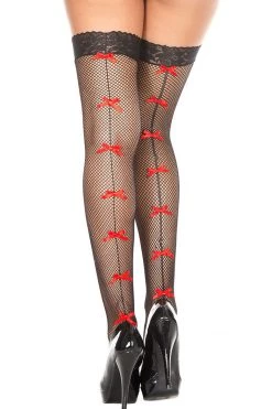 Music Legs Black Fishnet Thigh Highs With Red Bow Backseams