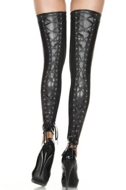 Music Legs BDSM Black Wet Look Lace-Up Backs Footless Tights