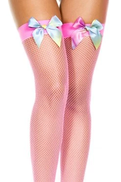 Music Legs Neon Pink Thigh High Fishnet Stockings With Rainbow Bows