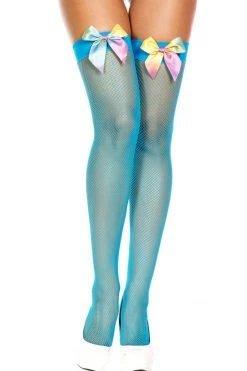 Music Legs Turquoise Thigh High Fishnet Stockings With Rainbow Bows Rainbow Clothing