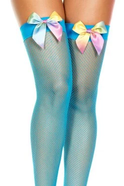 Music Legs Turquoise Thigh High Fishnet Stockings With Rainbow Bows Rainbow Clothing