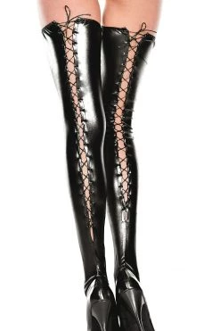 Music Legs Black Lace Up Wet Look Thigh Highs Latex Lingerie 8 Music Legs Black Lace Up Wet Look Thigh Highs Latex Lingerie