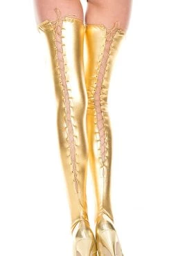 Music Legs Gold Lace Up Wet Look Thigh Highs
