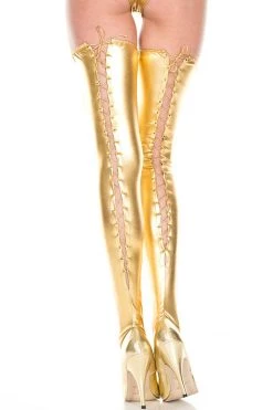 Music Legs Gold Lace Up Wet Look Thigh Highs