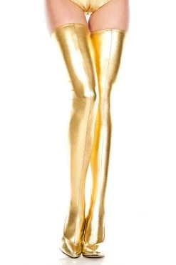 Music Legs Gold Lace Up Wet Look Thigh Highs