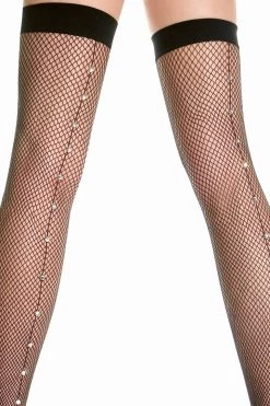 Music Legs Black Fishnet Thigh High Stockings With Rhinestones