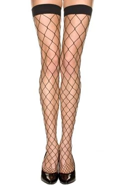 Music Legs Fishnet Black Diamond Net Stockings With Wide Bands