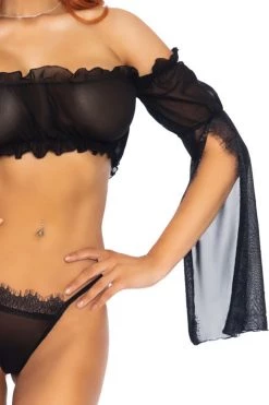 Leg Avenue Two Piece Mesh Bandeau With Split Flare Sleeves And G-string