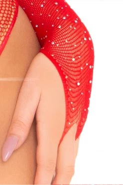Leg Avenue Bodystocking Lingerie Red Rhinestone Long Sleeve Fishnet Bodysuit With Snap Crotch