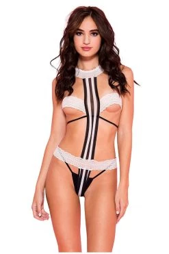 Music Legs White And Black Striped Teddy With Lace Waist And Cups Lingerie