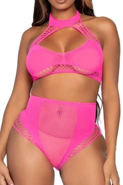 Leg Avenue Two Piece Neon Pink Net Keyhole Halter Crop Top And Panty