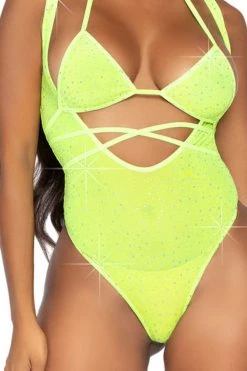 Leg Avenue Lingerie Two Piece Neon Yellow Rhinestone Wrap Around Top & Bodysuit