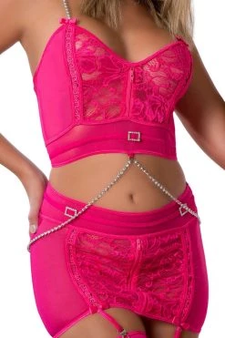 G World Intimates Lingerie Three Piece Lipstick Defining Bustier & Garter Skirt With Pearled Chain