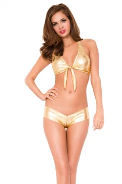 Music Legs Lingerie 2pc Gold Tie Front Top & Booty Short Set