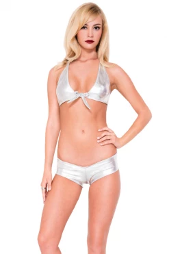 Music Legs 2pc Silver Tie Front Top & Booty Short Set Bras & Panty Sets