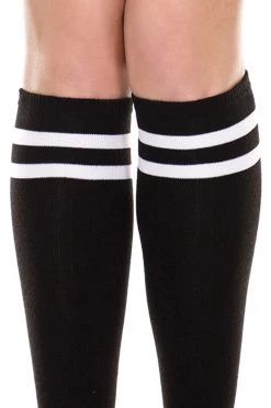 Music Legs Black Knee High Sock Stockings With White Stripes