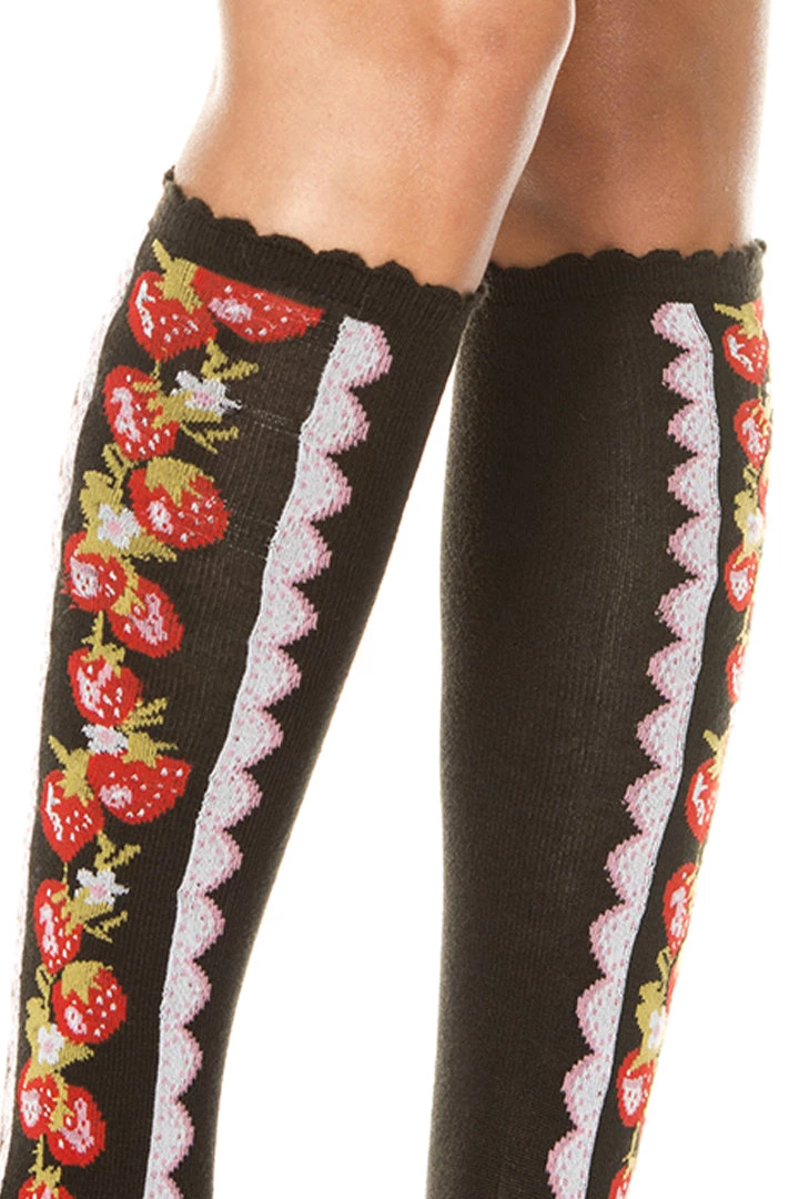 Music Legs Black Knee High Stockings W/ Strawberries Hosiery 4 Music Legs Black Knee High Stockings W/ Strawberries Hosiery