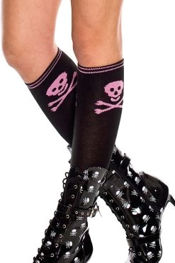 Music Legs Black Stockings W/ Pink Skulls