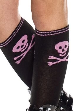 Music Legs Black Stockings W/ Pink Skulls