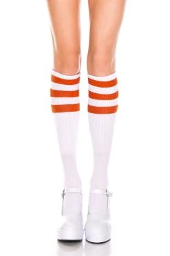 Music Legs White & Orange Striped Knee High Socks Hosiery