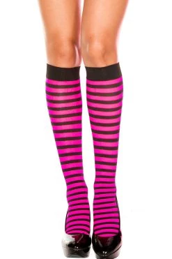 Music Legs Glow In The Dark & Neon Black & Hot Pink Striped Knee High