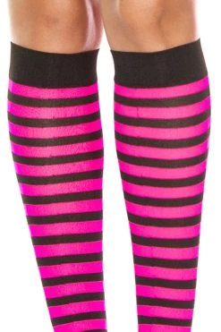 Music Legs Glow In The Dark & Neon Black & Hot Pink Striped Knee High