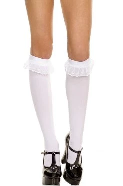 Music Legs Hosiery Ruffle Lace White Opaque Knee Hi Stockings