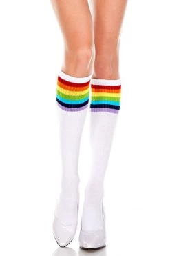 Music Legs White Knee High Sock Stockings W/ Rainbow Stripes