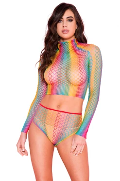 Music Legs Bodystocking Lingerie Rainbow Fishnet Crop Top & Panty