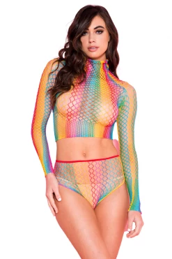 Music Legs Bodystocking Lingerie Rainbow Fishnet Crop Top & Panty