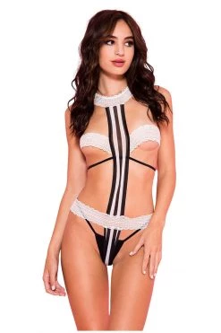 Music Legs White And Black Striped Teddy With Lace Waist And Cups Lingerie