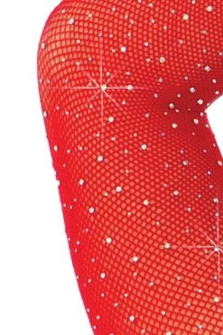Leg Avenue Bodystocking Lingerie Red Rhinestone Long Sleeve Fishnet Bodysuit With Snap Crotch