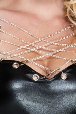 Music Legs Long Sleeve Black Wet Look Dress W/ Chain Detail BDSM Lingerie