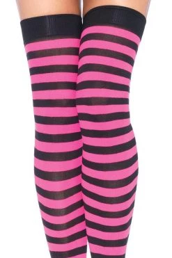 Leg Avenue Glow In The Dark & Neon Black & Neon Pink Nylon Thigh Highs