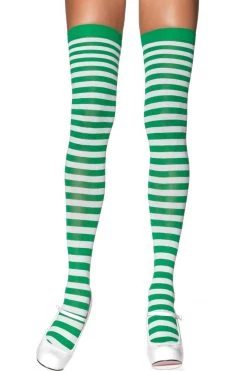 Leg Avenue White & Kelly Green Nylon Thigh Highs Hosiery