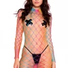 Music Legs Rainbow Striped Fishnet Long Sleeve Mini Dress Bodystocking Lingerie