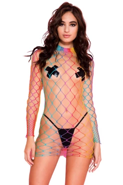 Music Legs Rainbow Striped Fishnet Long Sleeve Mini Dress Bodystocking Lingerie