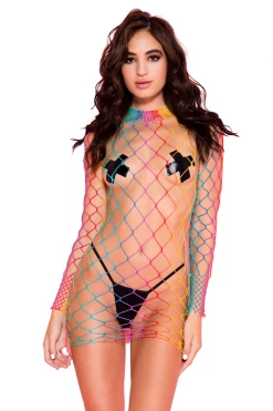 Music Legs Rainbow Striped Fishnet Long Sleeve Mini Dress Bodystocking Lingerie 7 Music Legs Rainbow Striped Fishnet Long Sleeve Mini Dress Bodystocking Lingerie