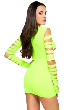 Music Legs Bodystocking Lingerie Neon Green Opaque Long Sleeve Cutout Dress