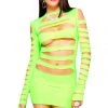 Music Legs Bodystocking Lingerie Neon Green Opaque Long Sleeve Cutout Dress