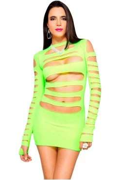Music Legs Bodystocking Lingerie Neon Green Opaque Long Sleeve Cutout Dress