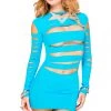 Music Legs Neon Blue Opaque Long Sleeve Cutout Dress Bodystocking Lingerie