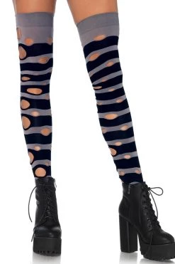Leg Avenue Hosiery Black & Grey Striped Distressed Thigh High Stockings