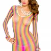 Music Legs Long Sleeve Rainbow Fishnet Mini Dress Bodystocking Lingerie